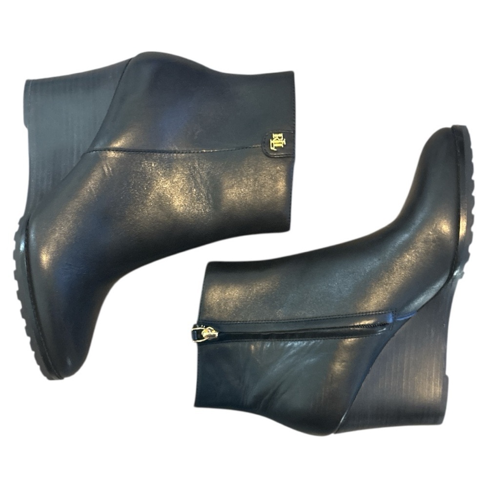 Lauren Ralph Lauren Shaley Calfskin Wedge Bootie in Black Size 8 - Picture 3 of 7
